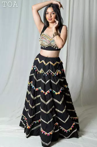 Black Cotton Chevron Navratri Lehenga Choli with Gota Lace with decorative border