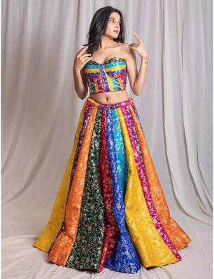 Multicolor embroidered silk lehenga with blouse 4