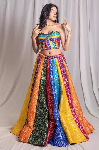 Multicolor embroidered silk lehenga with blouse