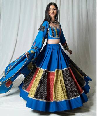 Blue Patchwork Cotton Navratri Lehenga Choli with Lace-Up Back & Dupatta 1
