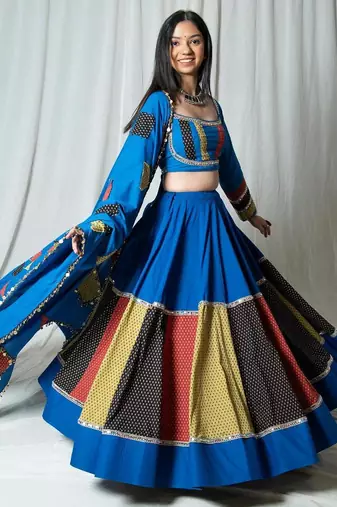 blue embroidered cotton Lehenga set