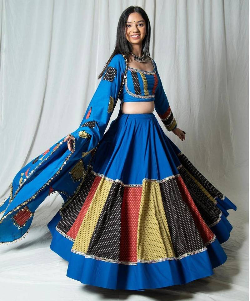 blue embroidered cotton Lehenga set