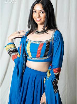 Blue Patchwork Cotton Navratri Lehenga Choli with Lace-Up Back & Dupatta 2