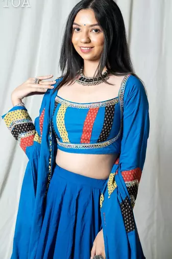 Blue Patchwork Cotton Navratri Lehenga Choli with Lace-Up Back & Dupatta
