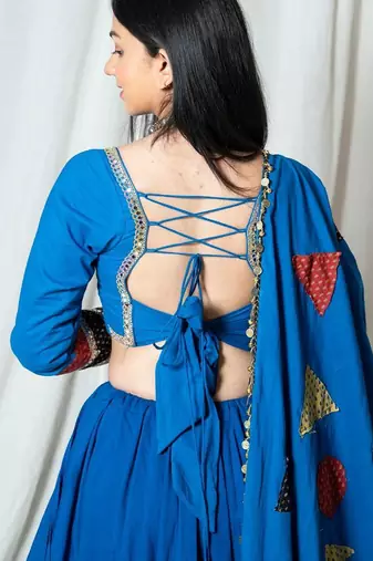 Blue Patchwork Cotton Navratri Lehenga Choli with Lace-Up Back & Dupatta