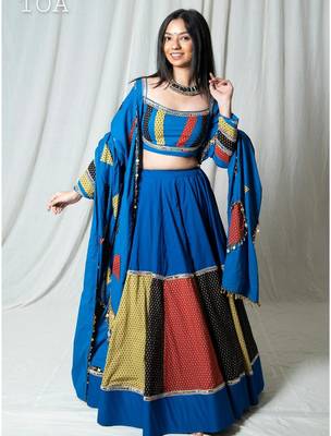 Blue Patchwork Cotton Navratri Lehenga Choli with Lace-Up Back & Dupatta 4