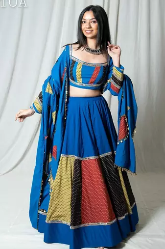 Blue Patchwork Cotton Navratri Lehenga Choli with Lace-Up Back & Dupatta