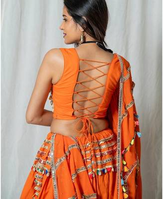 orange embroidered cotton Lehenga set 3