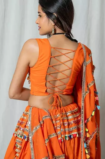 orange embroidered cotton Lehenga set