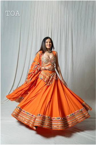 orange embroidered cotton Lehenga