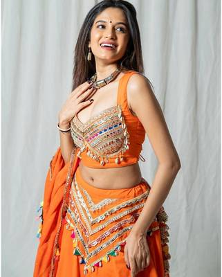orange embroidered cotton Lehenga set 4