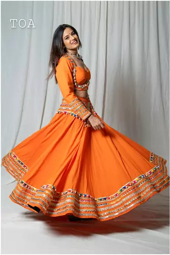 orange embroidered cotton Lehenga