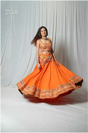 orange embroidered cotton Lehenga