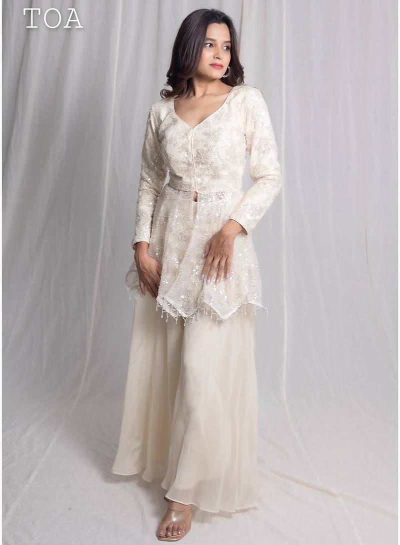 White embroidered net co ord set