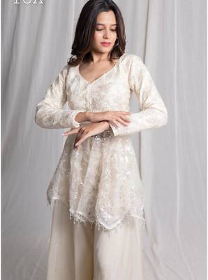 White embroidered net co ord set 2