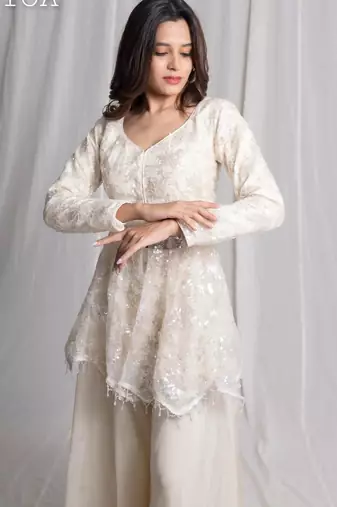 White embroidered net co ord set