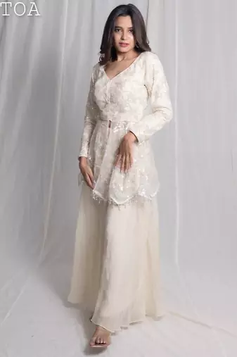 White embroidered net co ord set