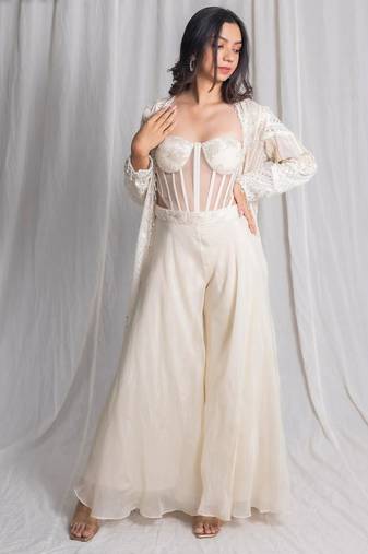 white net shrug set with embroidered work palazzo