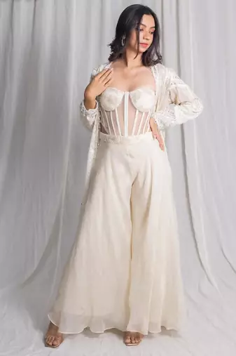 white net shrug set with embroidered work palazzo