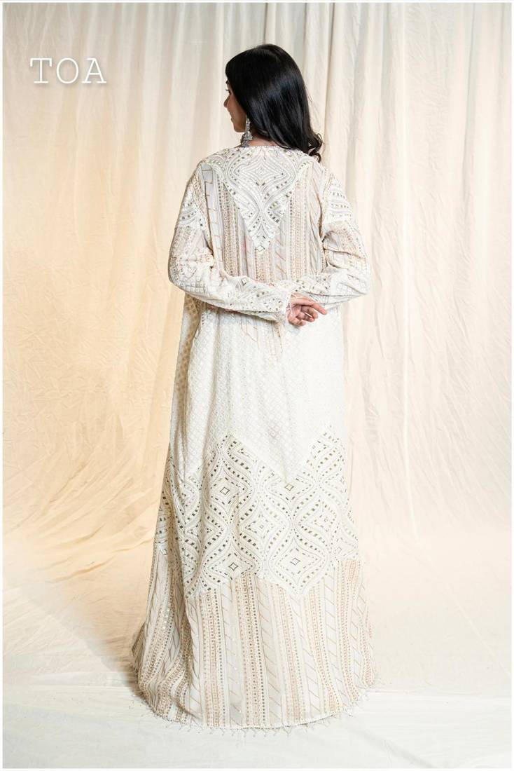 white net shrug set with embroidered work palazzo