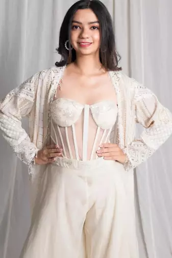 white net shrug set with embroidered work palazzo