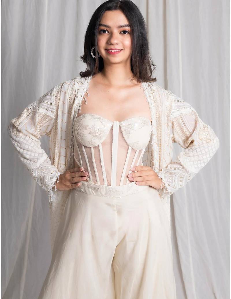 white net shrug set with embroidered work palazzo