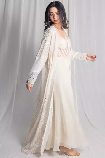 white net shrug set with embroidered work palazzo
