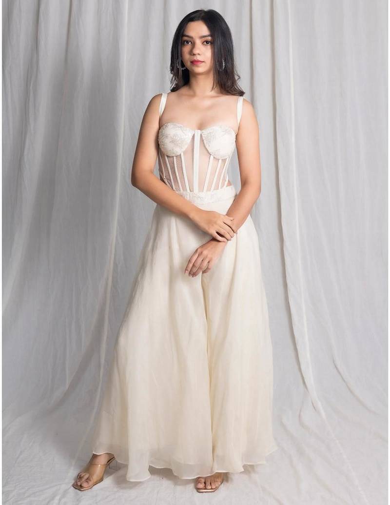white net shrug set with embroidered work palazzo