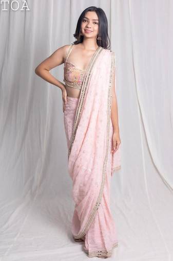 Pink embroidered georgette saree