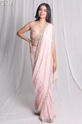 Pink embroidered georgette saree