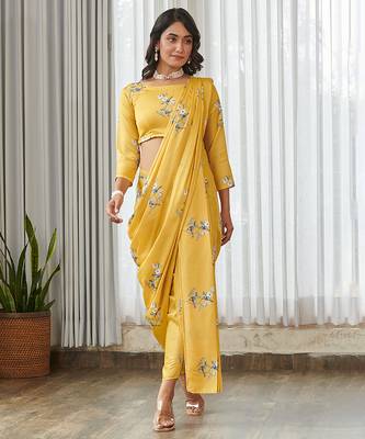 Yellow floral printed semi saree with dhoti pants 1
