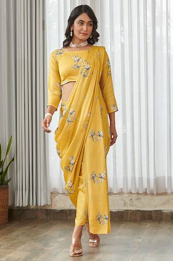 Yellow floral printed semi saree with dhoti pants