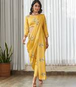 Yellow floral printed semi saree with dhoti pants