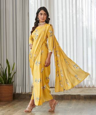 Yellow floral printed semi saree with dhoti pants 2