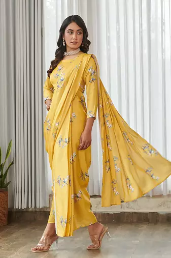 Yellow floral printed semi saree with dhoti pants