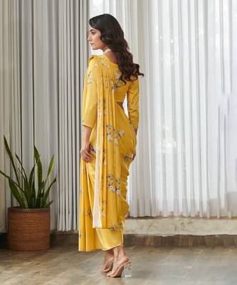 Yellow floral printed semi saree with dhoti pants 3