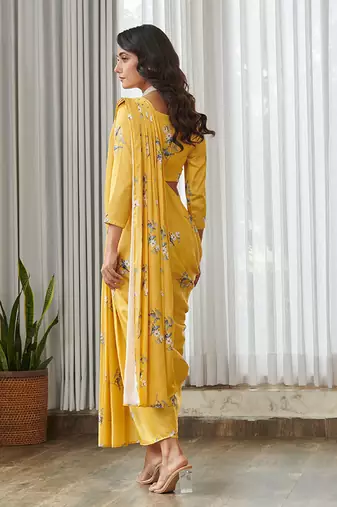 Yellow floral printed semi saree with dhoti pants