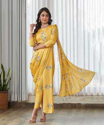 Yellow floral printed semi saree with dhoti pants 4