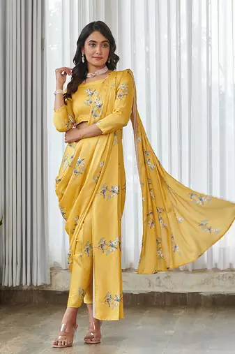 Yellow floral printed semi saree with dhoti pants
