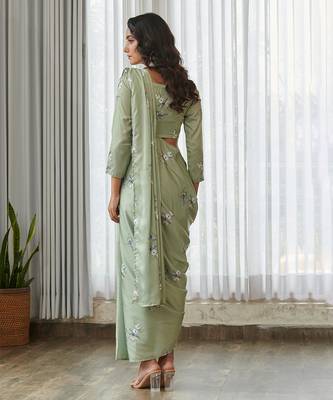 Mint green floral printed semi saree with dhoti pants 2