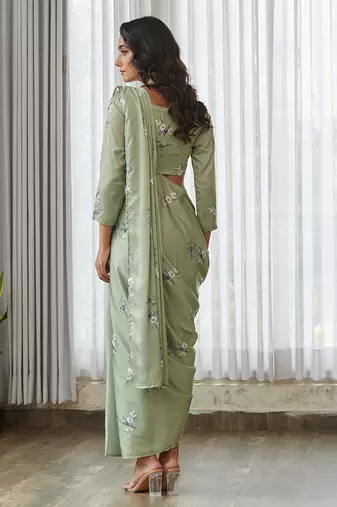 Mint green floral printed semi saree with dhoti pants