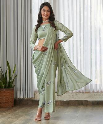 Mint green floral printed semi saree with dhoti pants 1