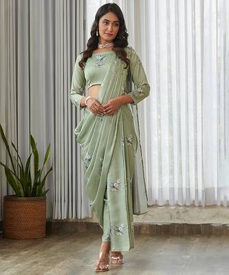Mint green floral printed semi saree with dhoti pants 3