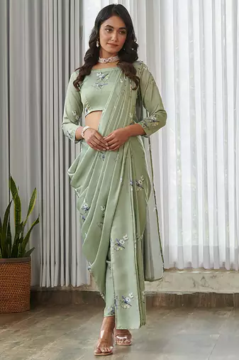 Mint green floral printed semi saree with dhoti pants