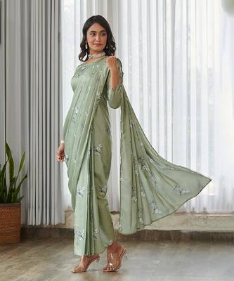 Mint green floral printed semi saree with dhoti pants 4