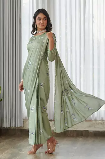 Mint green floral printed semi saree with dhoti pants