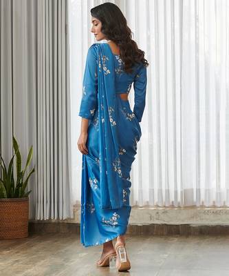Blue floral printed semi saree with dhoti pants 2