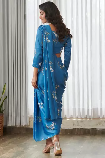 Blue floral printed semi saree with dhoti pants