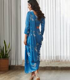 Blue floral printed semi saree with dhoti pants