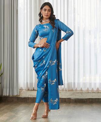 Blue floral printed semi saree with dhoti pants 3